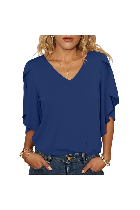 Womens Loose Fit V Neck Flutter Sleeve Blouse Lightweight Wrinkle Resistant Casual Top Blue,Size L
