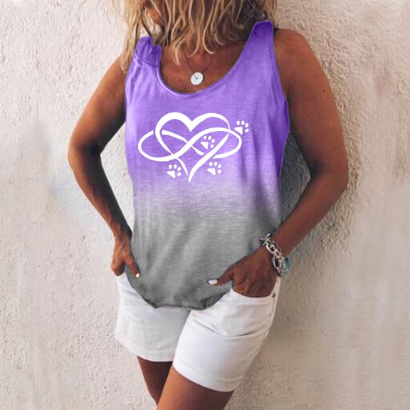 Womens Loose Gradient Love Print V-Neck Sleeveless Tank Tops
