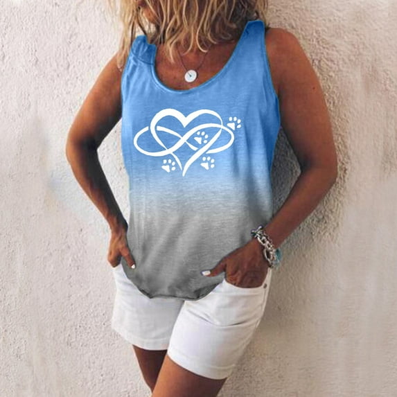 Womens Loose Gradient Love Print V-Neck Sleeveless Tank Tops