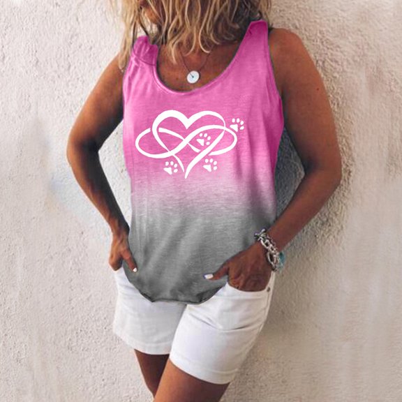 Womens Loose Gradient Love Print V-Neck Sleeveless Tank Tops