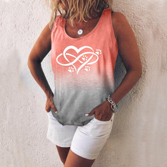 Womens Loose Gradient Love Print V-Neck Sleeveless Tank Tops