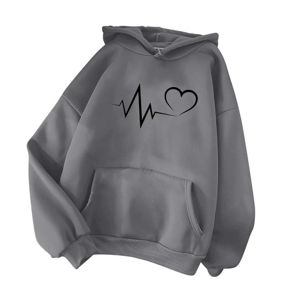 Womens Loose Heart Printed Hoodie Sweatshirt with Pocket Long Sleeve Hooded Pullover Cotton Fleece Tops S-XXXL (Large, Gray)