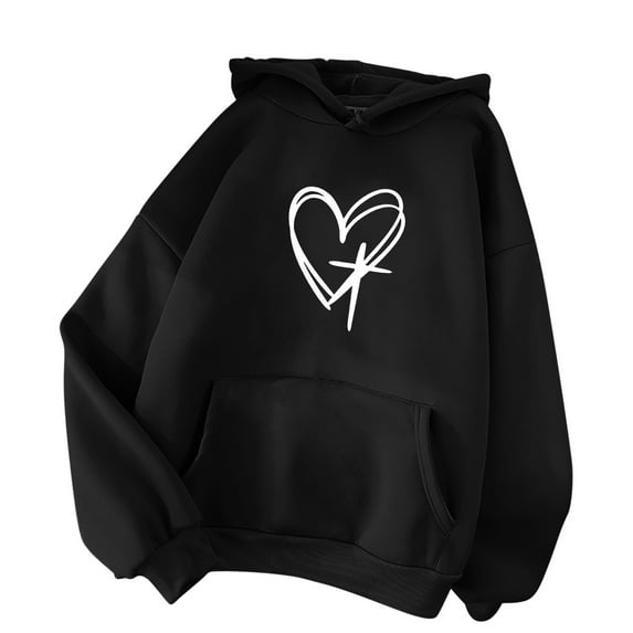 Womens Loose Heart Printed Hoodie Sweatshirt with Pocket Long Sleeve Hooded Pullover Cotton Fleece Tops S-XXXL (Small, Black 02)