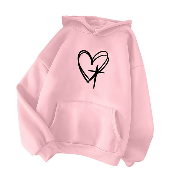 Womens Loose Heart Printed Hoodie Sweatshirt with Pocket Long Sleeve Hooded Pullover Cotton Fleece Tops S-XXXL (Small, Pink 02)