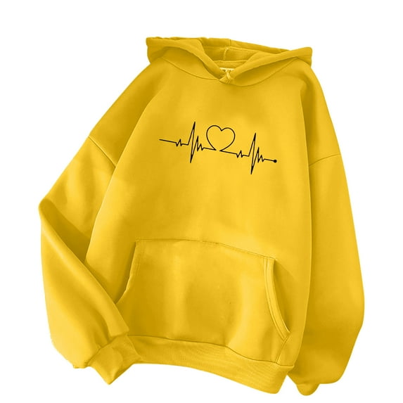 Womens Loose Heart Printed Hoodie Sweatshirt with Pocket Long Sleeve Hooded Pullover Cotton Fleece Tops S-XXXL (X-Large, Yellow 02)