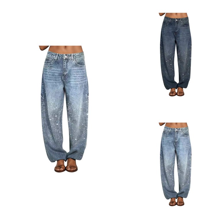 Womens Loose High Waisted Straight Wide Leg Jeans with Rhinestone 