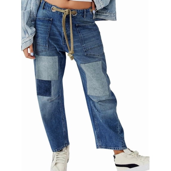 Womens Loose Horseshoe Jeans Wide Leg Patchwork Low Rise Denim Pants with Pockets Blue S