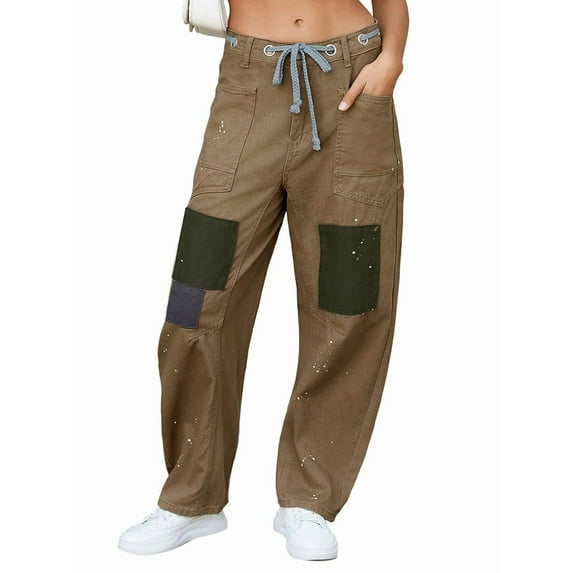 Womens Loose Horseshoe Jeans Wide Leg Patchwork Low Rise Denim Pants with Pockets Khaki S