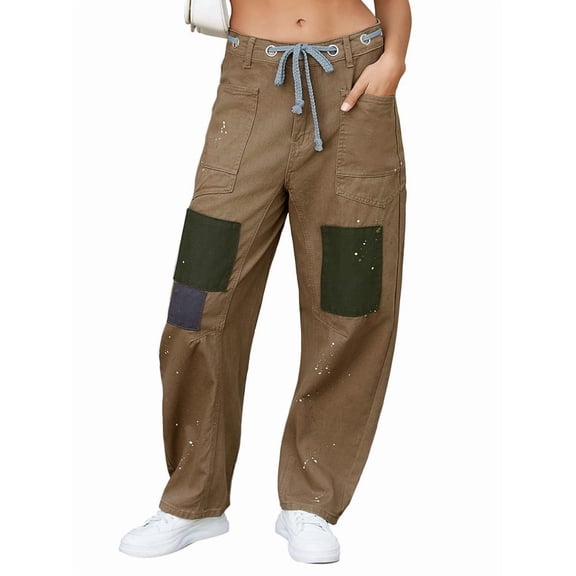 Womens Loose Horseshoe Jeans Wide Leg Patchwork Low Rise Denim Pants with Pockets Khaki XL