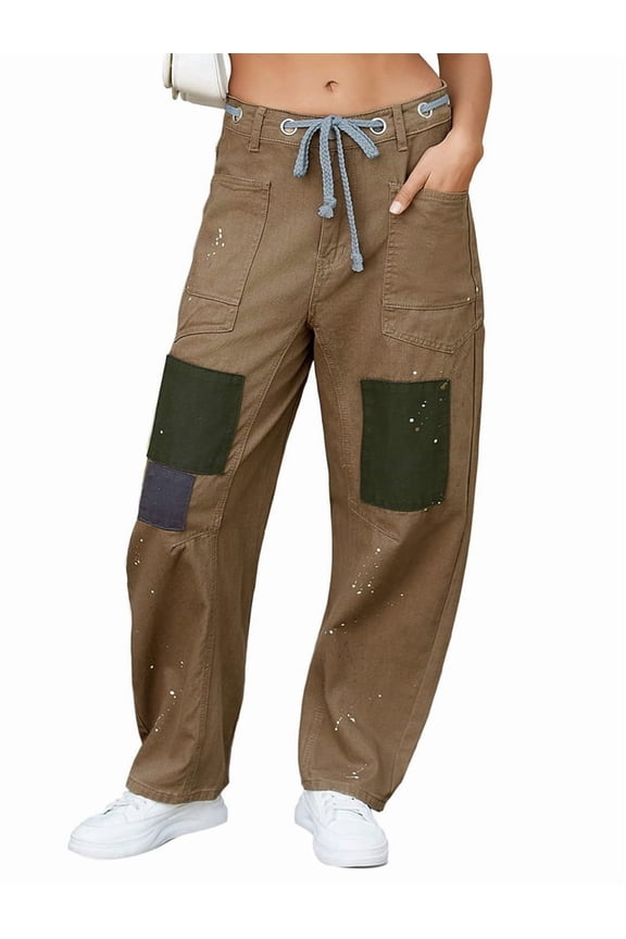 Womens Loose Horseshoe Jeans Wide Leg Patchwork Low Rise Denim Pants with Pockets Khaki XL