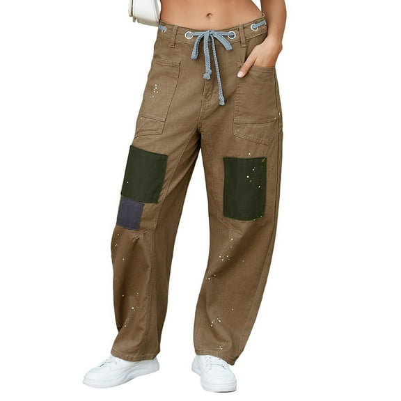 Womens Loose Horseshoe Jeans Wide Leg Patchwork Low Rise Denim Pants with Pockets Khaki XL