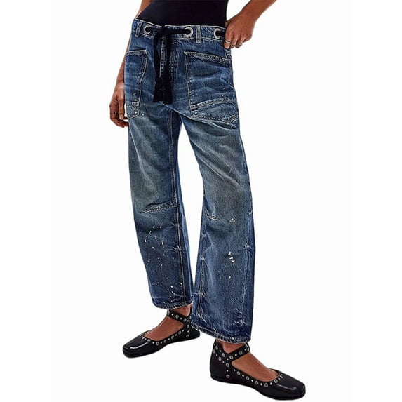 Womens Loose Horseshoe Jeans Wide Leg Patchwork Low Rise Denim Pants with Pockets Splash Ink L