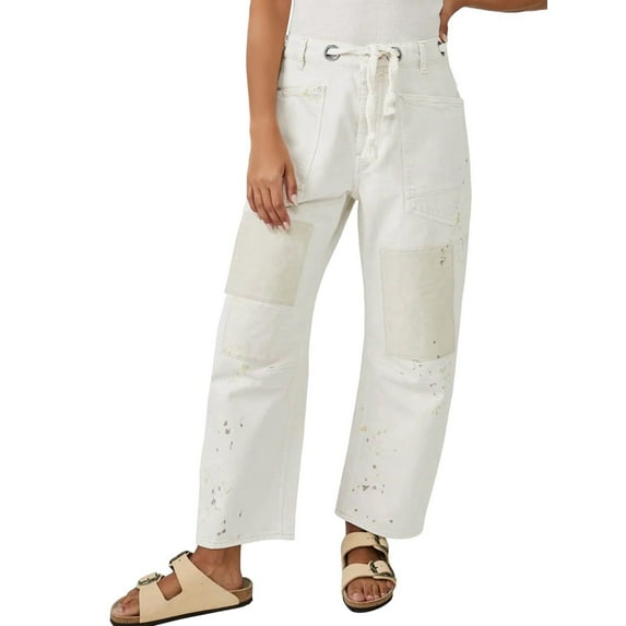 Womens Loose Horseshoe Jeans Wide Leg Patchwork Low Rise Denim Pants with Pockets White L