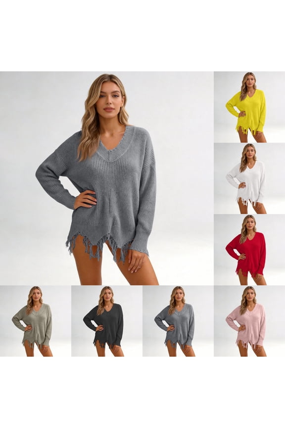 Womens Loose Knitted Off The Shoulder Sweater Solid V Neck Long Sleeve Fringe Tassel Knitted Pullover Sweater Ripped Crop Top Gray XXL