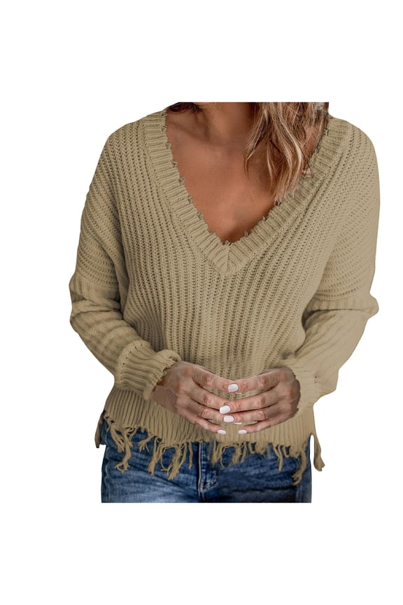 Womens Loose Knitted Off The Shoulder Sweater Solid V Neck Long Sleeve Pullover Ripped Crop Top