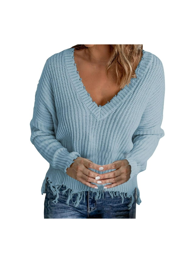 Womens Loose Knitted Off The Shoulder Sweater Solid V Neck Long Sleeve Pullover Ripped Crop Top