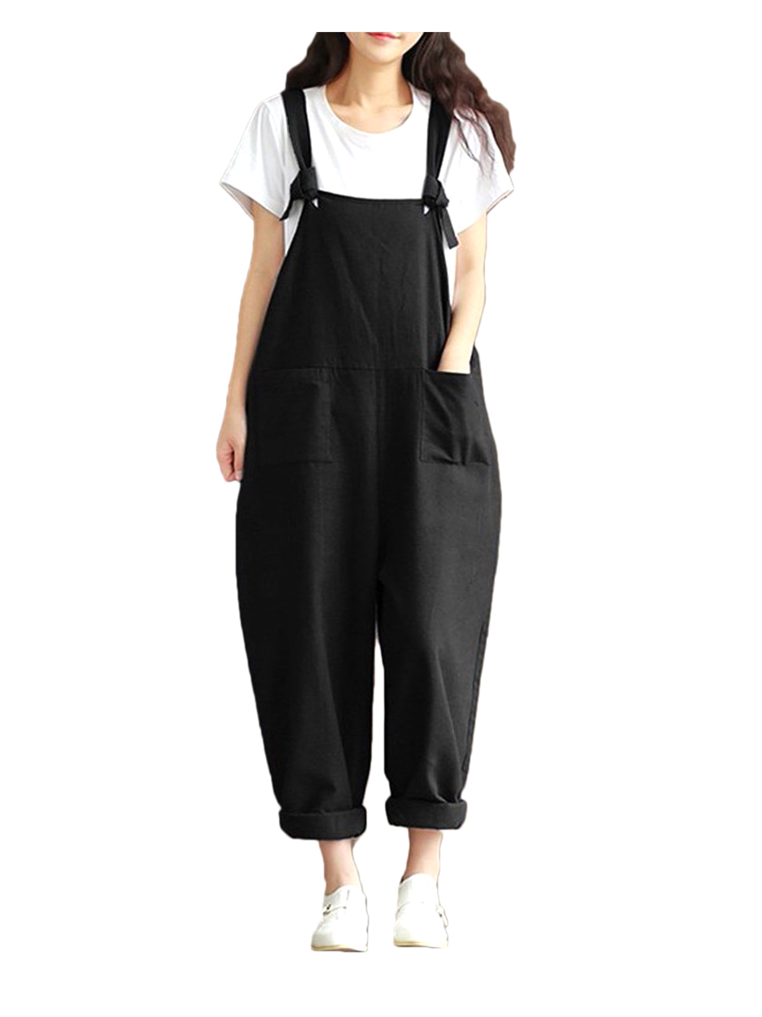 Womens Loose Linen Cotton Jumpsuit Dungarees Playsuit Trousers Overalls Black