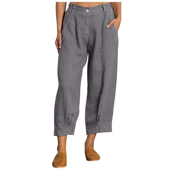 Womens Loose Linen Pants Solid Casual High Waist Wide Leg Capris Pockets Comfy Baggy Cropped Leg Loungewear Pants Outdoor(XL,Gray)