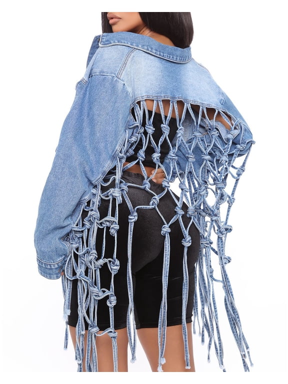 Womens Loose Long Fringe Distressed Denim Jacket Cropped Button Down Ripped Back Knotted Jean Coat(BE-3XL)