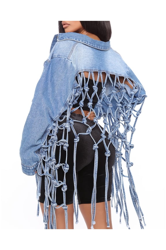 Womens Loose Long Fringe Distressed Denim Jacket Cropped Button Down Ripped Back Knotted Jean Coat(BE-L)