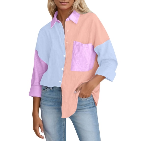 Womens Loose Long Sleeve Color Block Shirt Casual All Seasons Daily Wear S-XXL