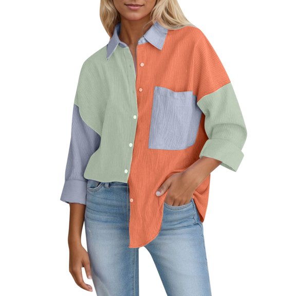 Womens Loose Long Sleeve Color Block Shirt Casual All Seasons Daily Wear S-XXL