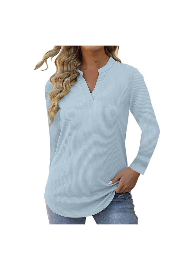 Womens Loose Long Sleeve Shirts Fall Casual V Neck Tops Dressy Soft Ribbed Knit Clothes Basic Lightweight 2026 Going Out Top Ladies