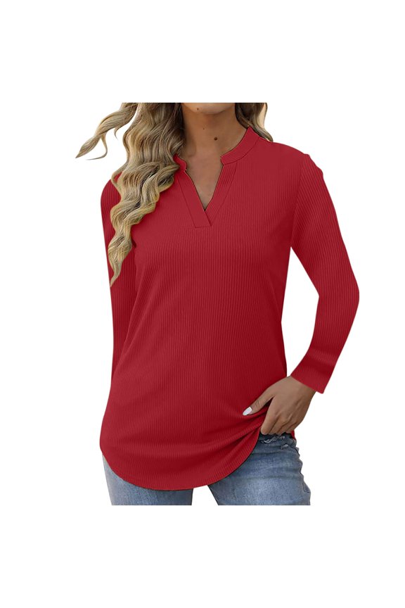 Womens Loose Long Sleeve Shirts Fall Casual V Neck Tops Dressy Soft Ribbed Knit Clothes Basic Lightweight 2026 Going Out Top Ladies