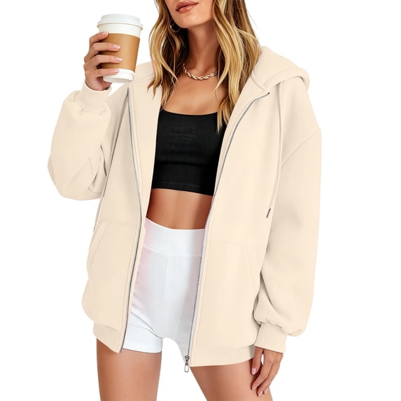 Womens Loose Oversized Full Zip Up Hoodies Long Sleeve Zipper Hooded Jackets Everyday Fall Tops Khaki XL