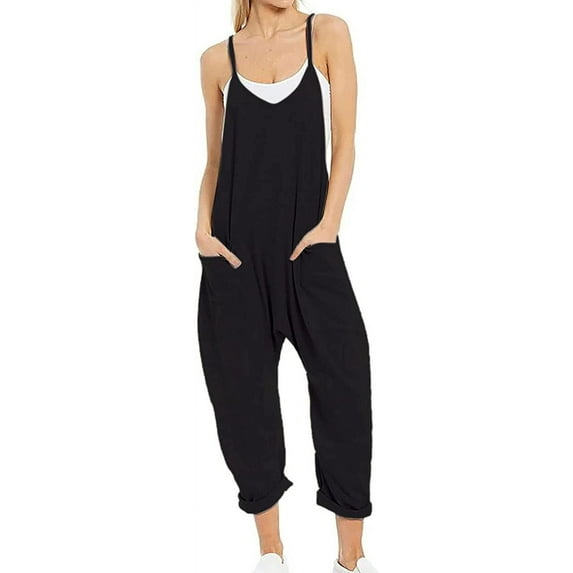 Womens Loose Oversized Sleeveless Jumpsuit Adjustable Spaghetti Strap Wide Leg Overall Rompers with Pockets