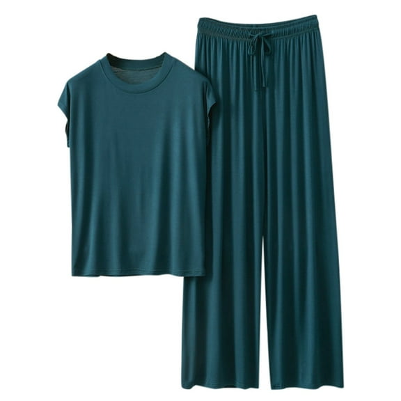 Womens Loose Pajamas Set - Short Sleeve, Drawstring Pants - Polyester Spandex, All Season - M-XXL Sizes