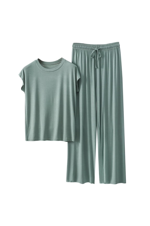 Womens Loose Pajamas Set - Short Sleeve, Drawstring Pants - Polyester Spandex, All Season - M-XXL Sizes