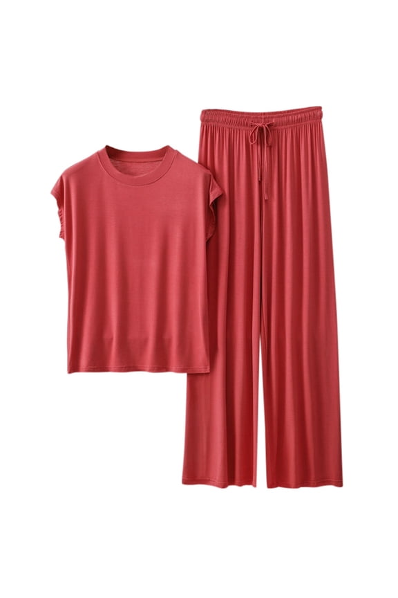 Womens Loose Pajamas Set - Short Sleeve, Drawstring Pants - Polyester Spandex, All Season - M-XXL Sizes
