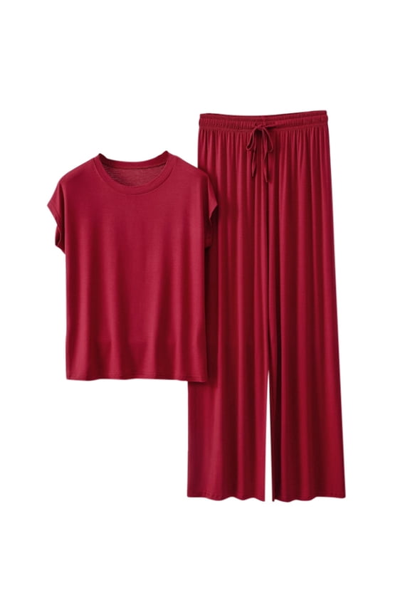 Womens Loose Pajamas Set - Short Sleeve, Drawstring Pants - Polyester Spandex, All Season - M-XXL Sizes