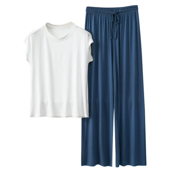 Womens Loose Pajamas Set - Short Sleeve, Drawstring Pants - Polyester Spandex, All Season - M-XXL Sizes