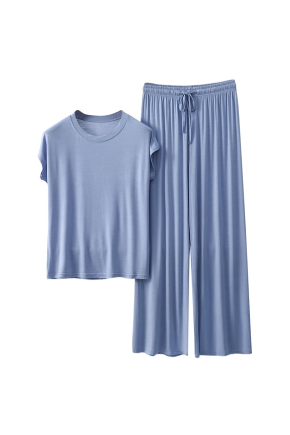 Womens Loose Pajamas Set - Short Sleeve, Drawstring Pants - Polyester Spandex, All Season - M-XXL Sizes