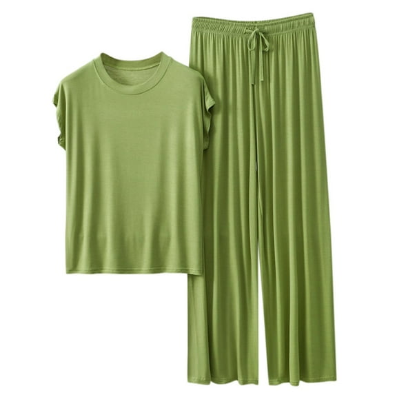 Womens Loose Pajamas Set - Short Sleeve, Drawstring Pants - Polyester Spandex, All Season - M-XXL Sizes