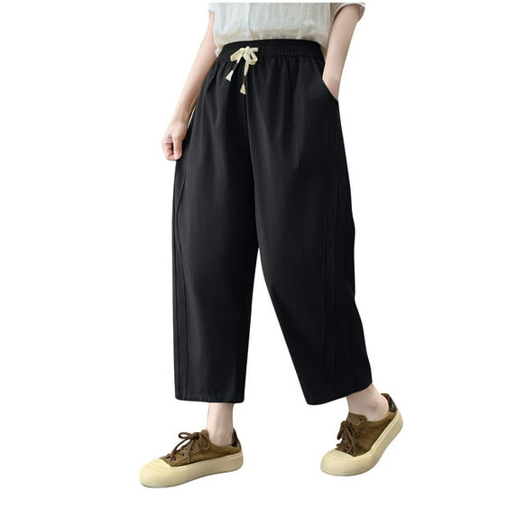 Annhoo Womens Loose Pants Wide Leg Solid Color Drawstring Trouser with Pocket Spring Summer Clothes