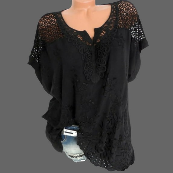 Womens Loose Plus Size Floral Lace Crochet T-Shirt Tee S-5XL, Summer Short Sleeve V-Neck Basic Top Tie Dye Ugly Shirt Blouse