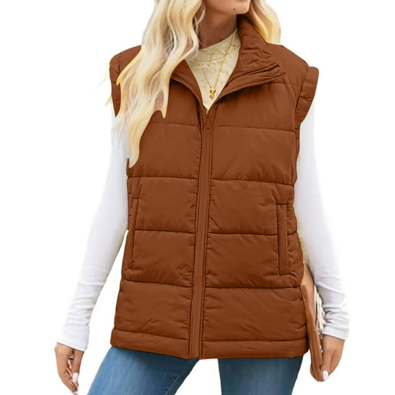 Womens Loose Puffer Vest Cotton Warm Coat Full Zip Jackets Sleeveless Fall Winter Hoodless Casual Outerwear (2XL, Brown)