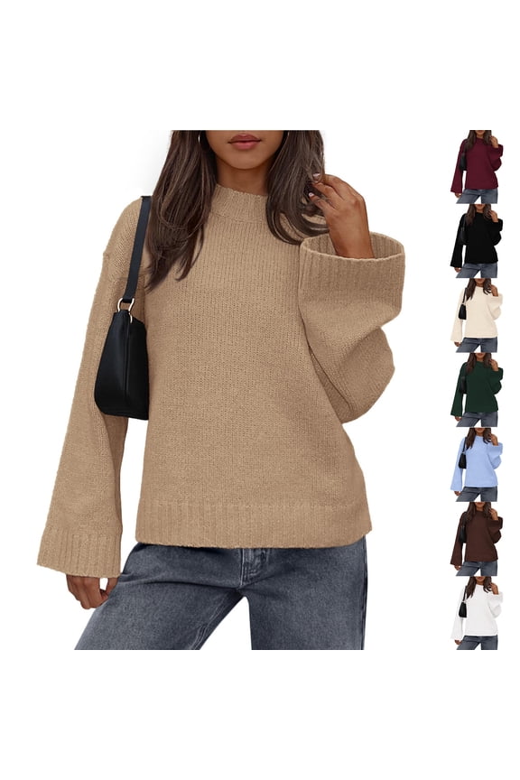 Womens Loose Round Neck Solid Color Bell Sleeve Long Sleeve Knitted Sweater Top for Fall Winter Bell Sleeve Trends,Army Green,L