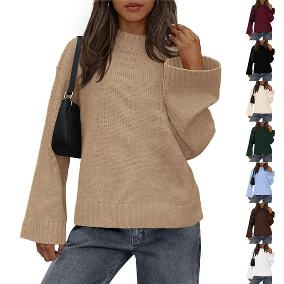 Womens Loose Round Neck Solid Color Bell Sleeve Long Sleeve Knitted Sweater Top for Fall Winter Bell Sleeve Trends,Light Blue,2XL
