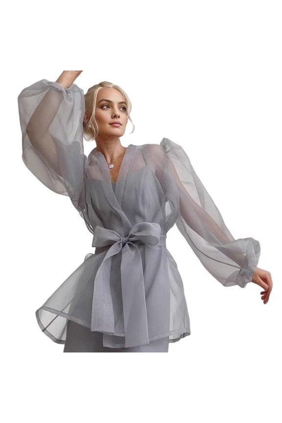 Womens Loose Sheer See Through Puff Sleeve Blouse Shirt Tie Up Mesh Cover Up Top Fashion Wear Gray One Size