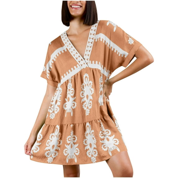 Womens Loose Short Sleeve V-Neck Mini Dress Color Block Floral Printed Dress Casual Ruffle Hem Short Dress