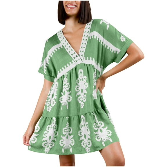 Womens Loose Short Sleeve V-Neck Mini Dress Color Block Floral Printed Dress Casual Ruffle Hem Short Dress