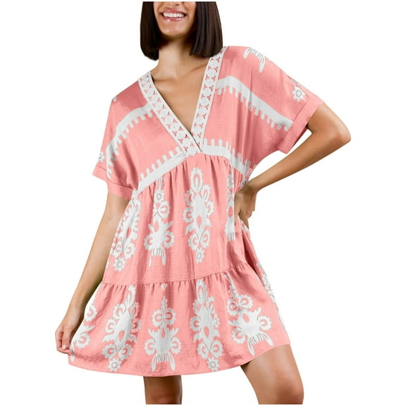 Womens Loose Short Sleeve V-Neck Mini Dress Color Block Floral Printed Dress Casual Ruffle Hem Short Dress