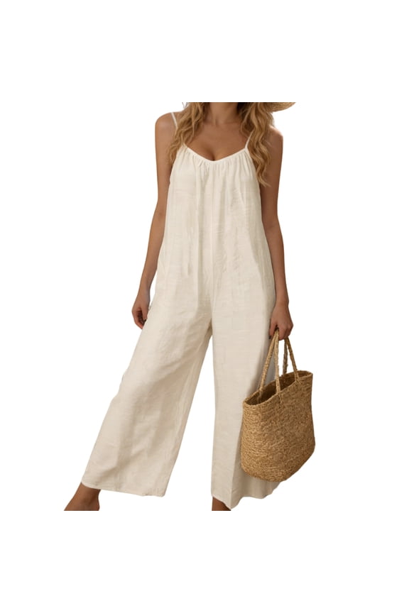 Womens Loose Sleeveless Jumpsuits Open Back Adjustable Spaghetti Strap Long Pant Romper Jumpsuit