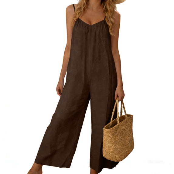Womens Loose Sleeveless Jumpsuits Open Back Adjustable Spaghetti Strap Long Pant Romper Jumpsuit