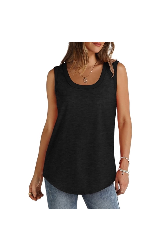 Womens Loose Sleeveless Tops Ribbed Trim Scoop Neck Curved Hem 2025