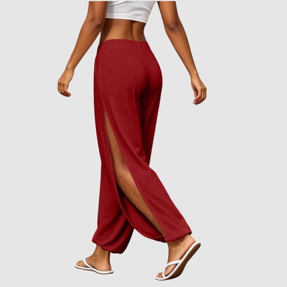 Womens Loose Split Leg Jogger Pants High Waist Side Slit Soft Stretch Casual Yoga Travel Trousers Wine S